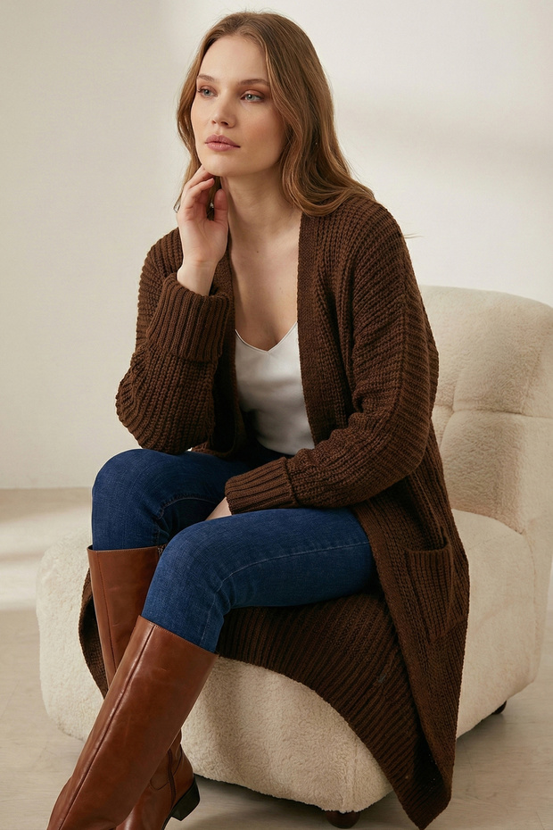Women's Batwing Sleeve Knitted Long Cardigan with Pockets – 100% Acrylic – Mas2020