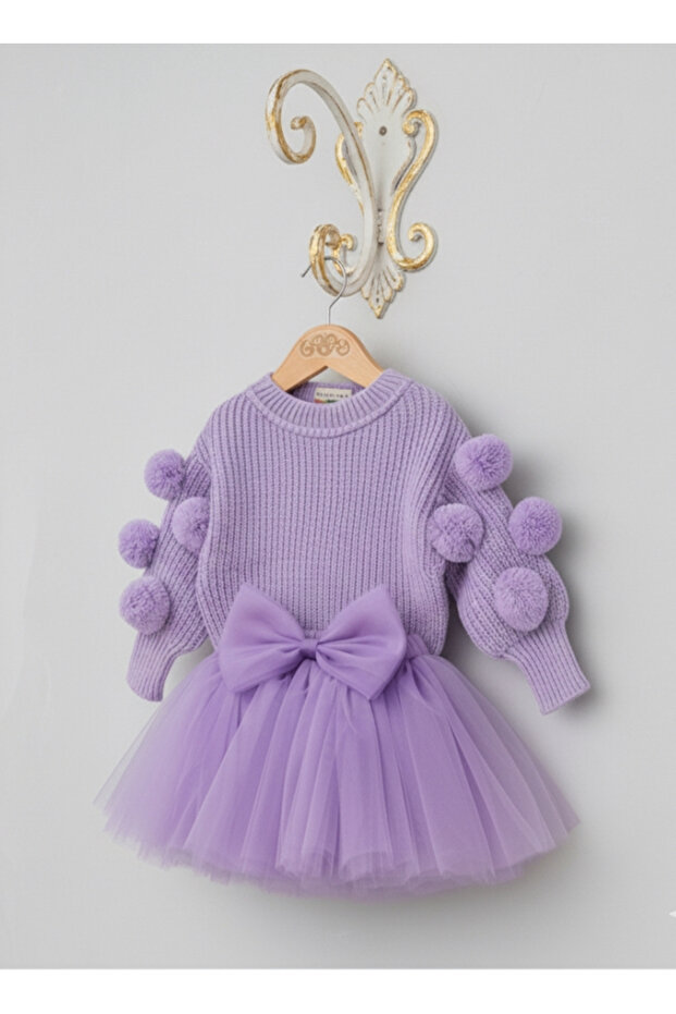 Girl's Lilac Pompom Sweater and Tutu Skirt Set