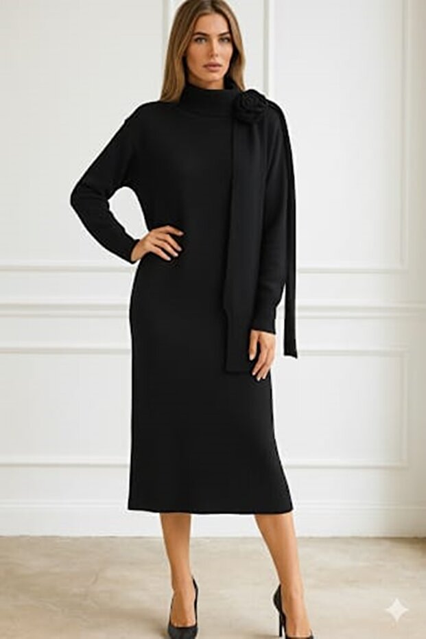 Triko Knitted Rose Dress Black
