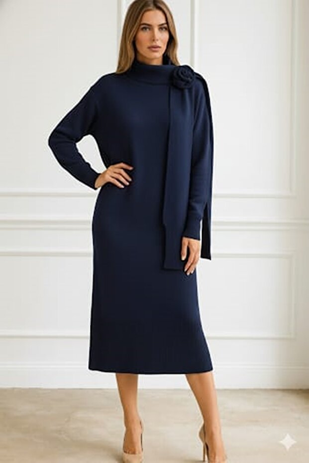 Triko Knitted Rose Dress Navy Blue
