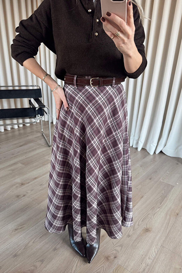 Brown Beige Plaid Suede Belt Detailed Lined Bell Model Skirt