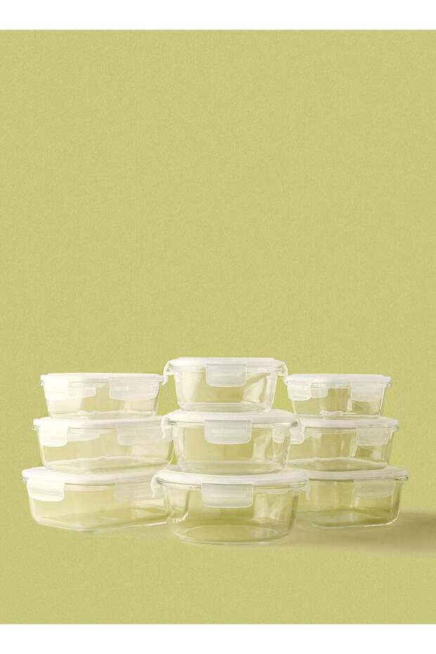 9 Piece Borosilicate Glass Food Container Set - Airtight Lids - Rectangle + Square + Round