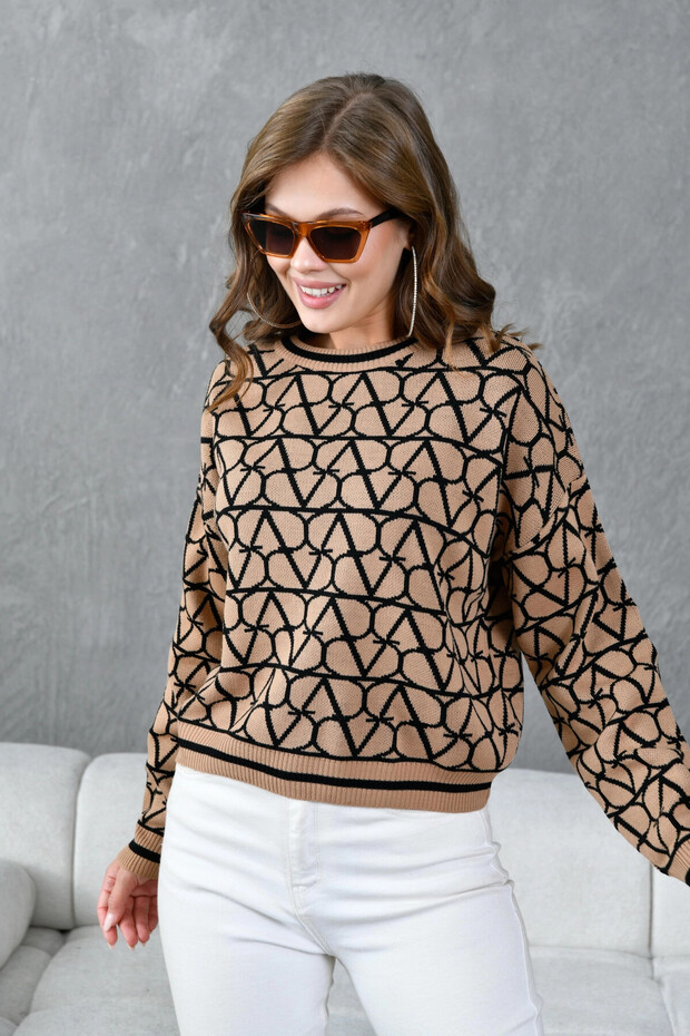 Women's Crew Neck Patterned Oversized Knit Sweater