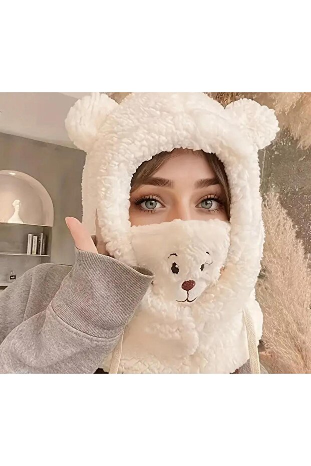 Plush Beanie Hat with Cute Teddy Bear Detail and Neck Collar