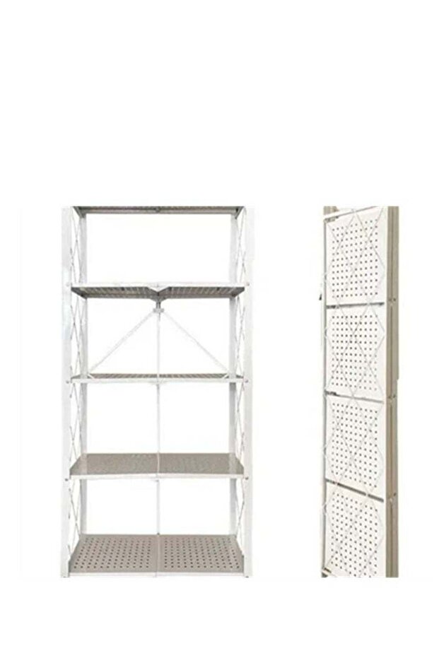 5 Tier Foldable Metal Kitchen Storage Rack Shelf with Wheel, White