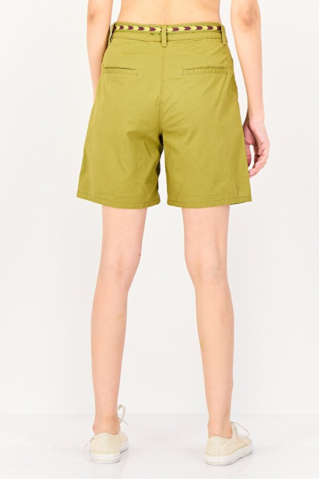 Women Solid Basic Shorts With Belt, Olive - 3