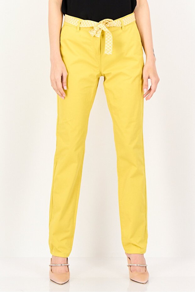 Women Solid Straight Leg Pants With Belt, Mustard