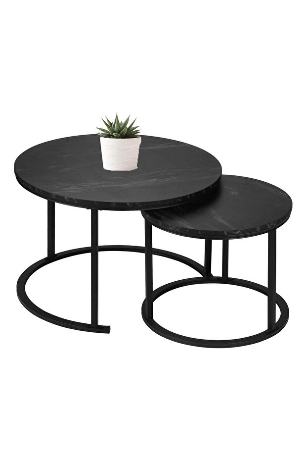 Round Two-Piece Nesting Coffee Tables with Faux Marble Top (Black, Set of 2)