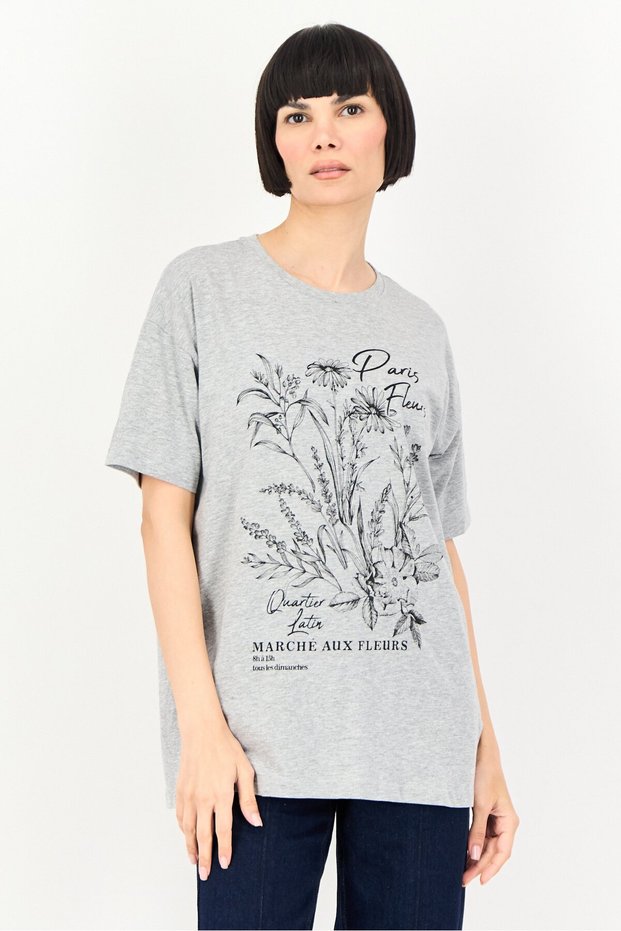 Women Crew Neck Short Sleeve Graphic Print T-Shirt, Grey