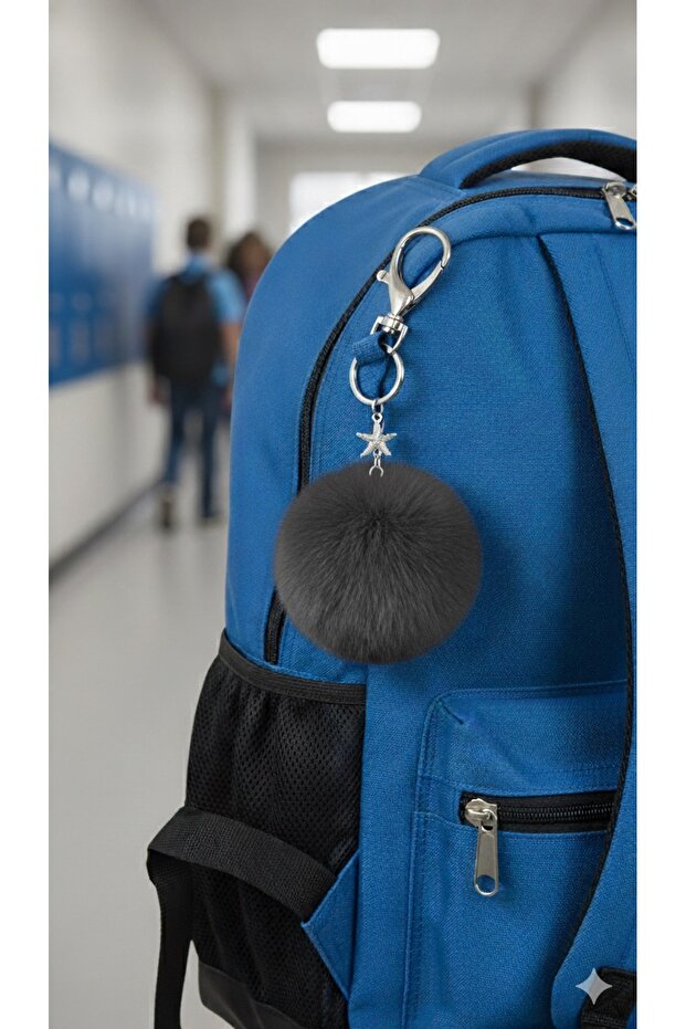 Plush Fluffy Pompom Puff Smoked Feather Silver Star Detailed Home Car Phone Wallet Bag Keychain
