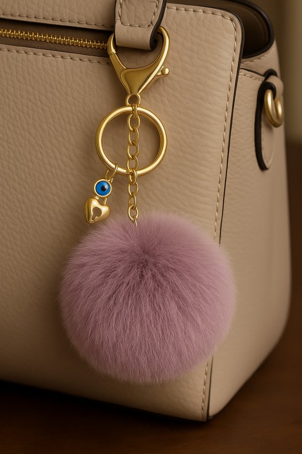 Plush Fluffy Pompom Puff Pink Furry Home Office Car Phone Wallet Bag Keychain with Gold Accessories