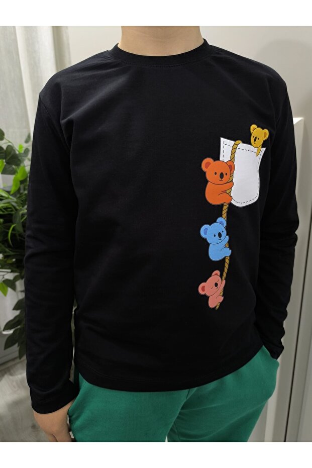 Pidal Giyim Sevimli Firari Ayıcıklar Baskılı Pamuklu Unisex Uzun Kollu Çocuk T-Shirt (Sweatshirt)