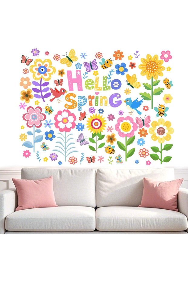 Hello Spring Wall Stickers for Girls - Colorful Wildflower Butterfly Floral Wall Decals