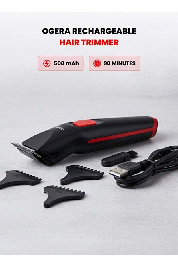 Rechargeable Hair Trimmer OG2003HT – 90 min Runtime, 500mAh, Type-C, LED Indicator (Black &