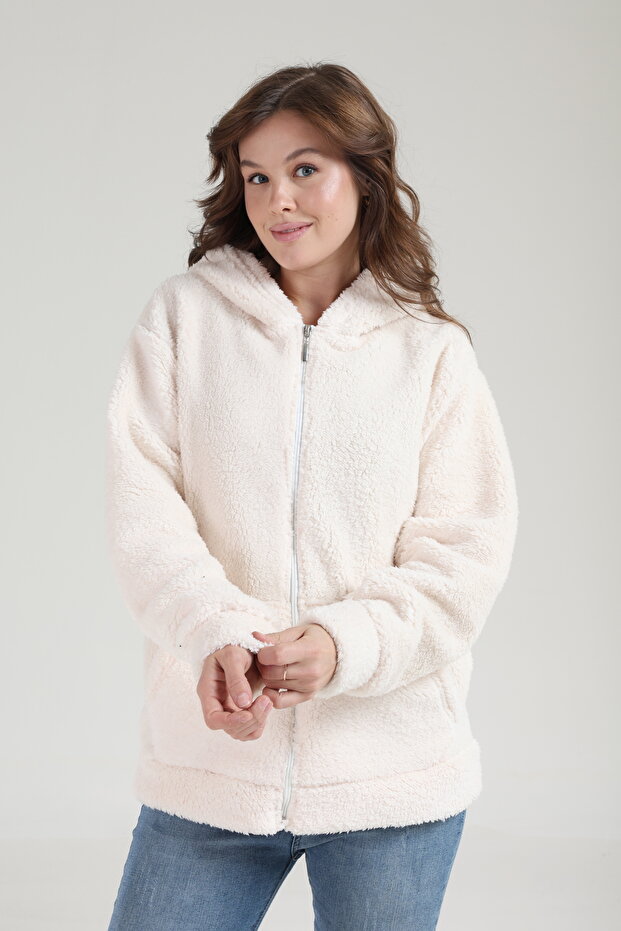 Thick Texture Welsoft Winter Kangru Pocket Hooded Zippered Plush Cardigan