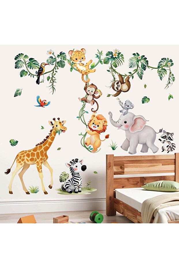 Jungle Animals Wall Stickers for Baby - Peel & Stick Monkey, Elephant, Giraffe, Lion Decals (Ages 1-