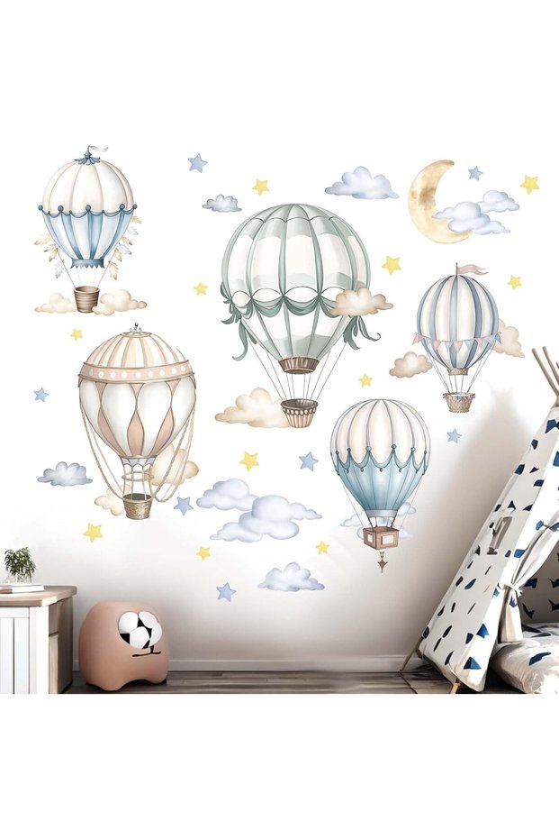 Baby Balloon Wall Stickers for Nursery: Kids Boys Girls Bedroom Wall Decals - Hot Air Balloon Stars