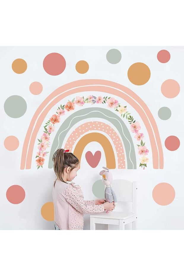 Large Rainbow Flower Wall Stickers - Boho Polka Dots Vinyl Decal