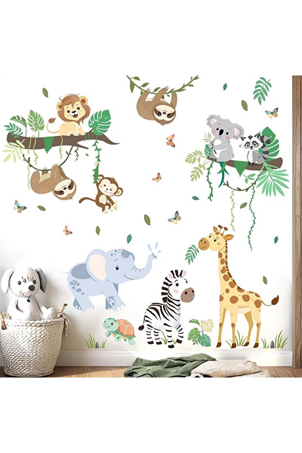 Baby Animals Wall Stickers - Jungle Monkey Elephant Giraffe Lion Decals for Kids