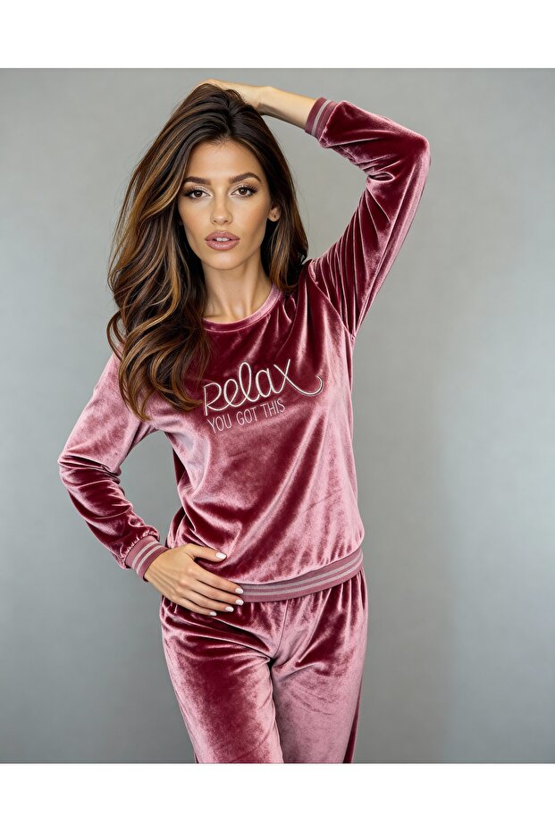 Imported French Velvet Elastic Cuff Long Sleeve Embroidered Women's Pajama Set