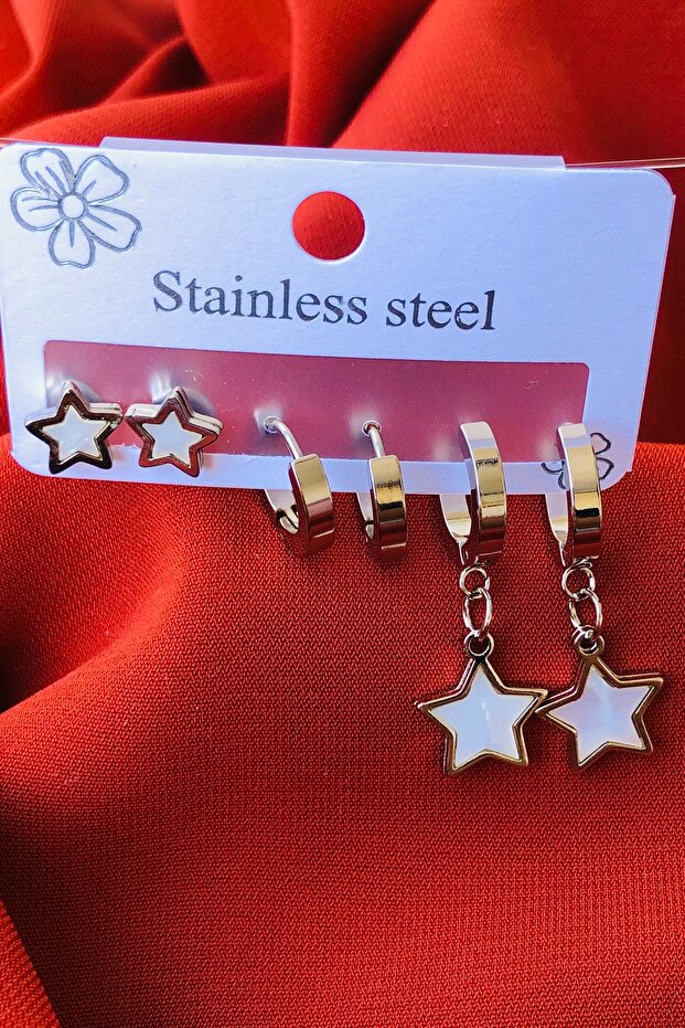 3lü Set Kadın Çelik Küpe - 4