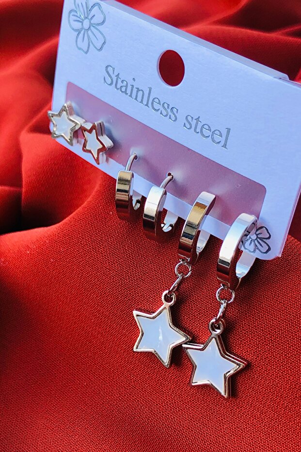 3lü Set Kadın Çelik Küpe - 1