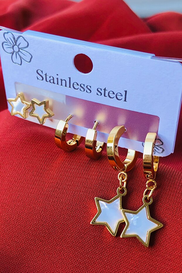 3lü Set Kadın Çelik Küpe - 1