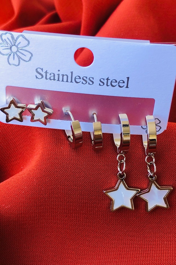 3lü Set Kadın Çelik Küpe - 2