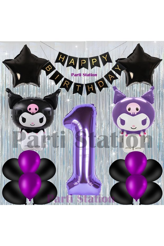 Kuromi Concept 1St Birthday Balloon Set with Curtain and Purple Number Balloons