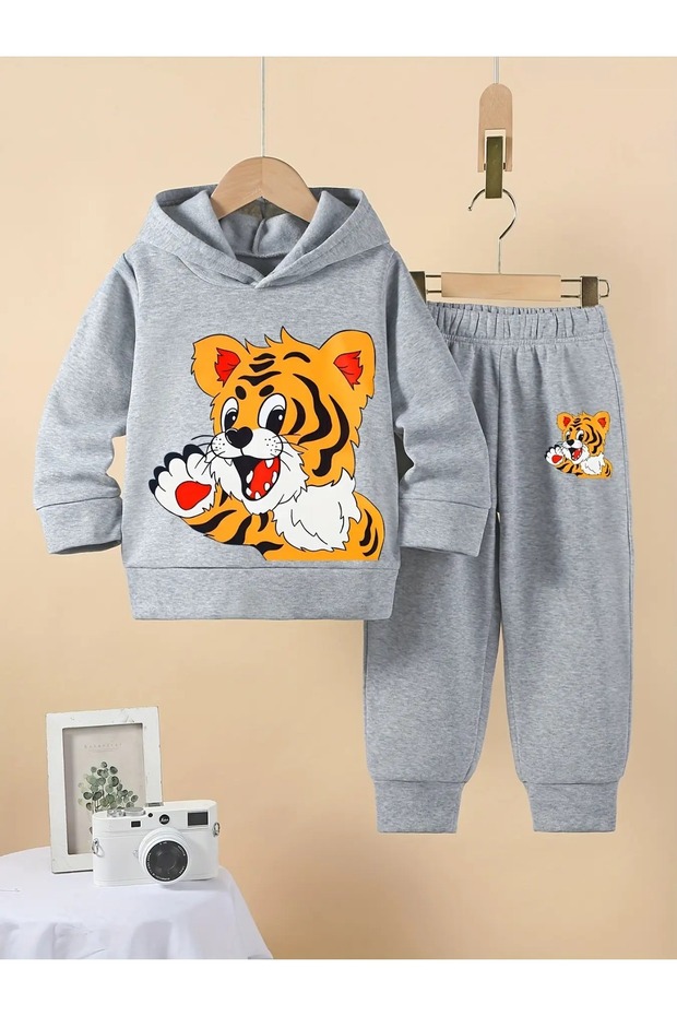 Kids Gray Color Hooded Long Sleeve Top and Bottom Set
