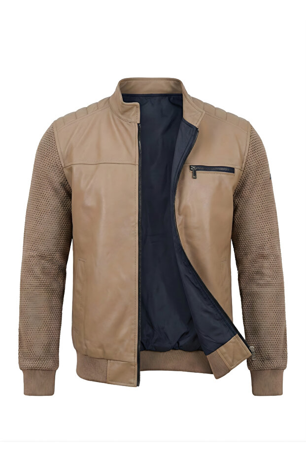 Çelik Örme Kol, Göğüs Fermuarlı Erkek Deri Mont Taba - 1