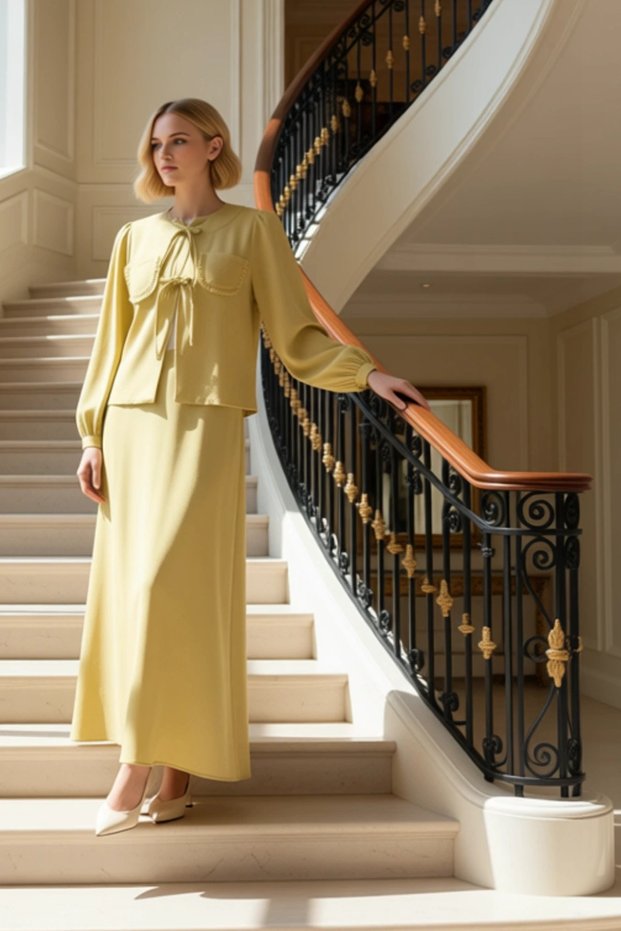 Light Khaki Binding Detail Linen Blend Woven Women's Top and Bottom Set Functional Durable Aesthetic