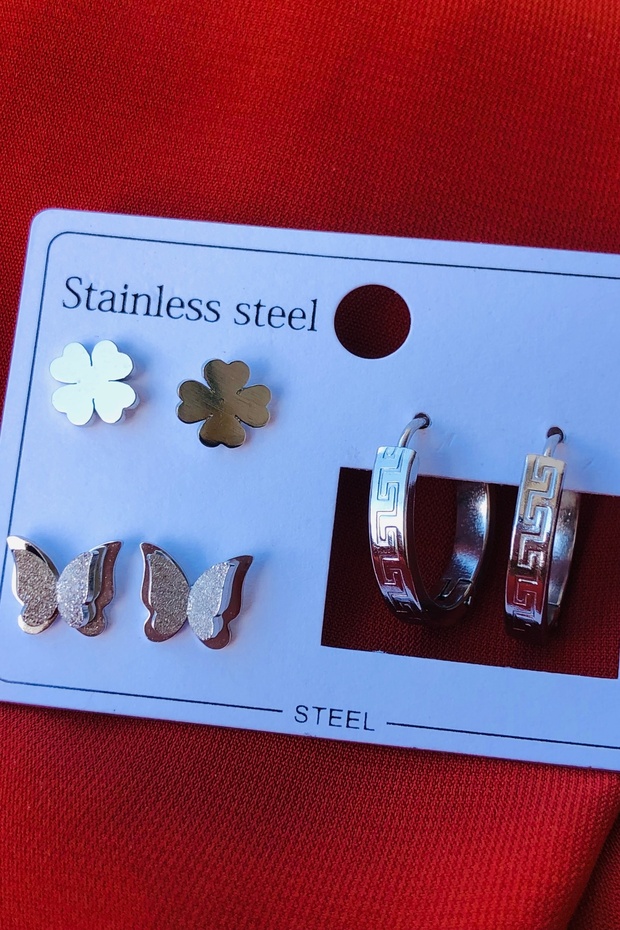 3lü Set Kadın Çelik Küpe - 3