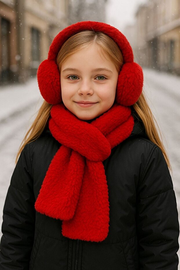 Red Soft Textured Plush Girls' Headphones and Neckband Set of 2