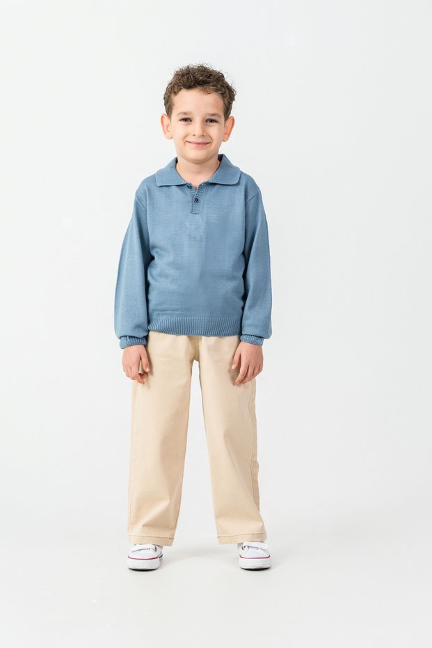 Boy's Knitwear Polo Neck Sweater Gabardine Pants Top and Bottom Set