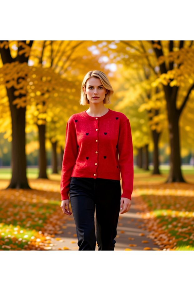 Women's Soft Textured Heart Pattern Embroidered Knit Cardigan Casual Elegance and Offering Design
