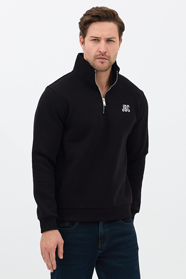Embroidered Half Zipper Black Mock Neck Sweatshirt