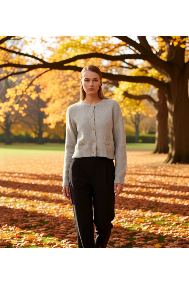 Women's Premium Yarn Crop Knit Cardigan with Pocket Detail, Buttoned Long Sleeves, Crew Neck, Casual Chic