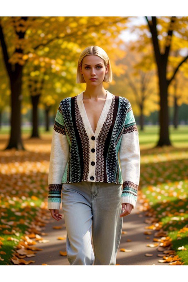Women's Wide Fit V-Neck Patterned Knitwear Cardigan Provides All-Day Comfort with Its Soft Texture Sports