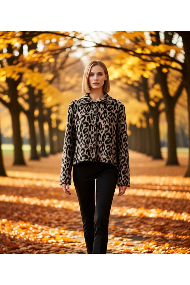 Women's Leopard Print Polo Neck Knitwear Cardigan Design That Offers Both Casual Style and Comfort Comfortable