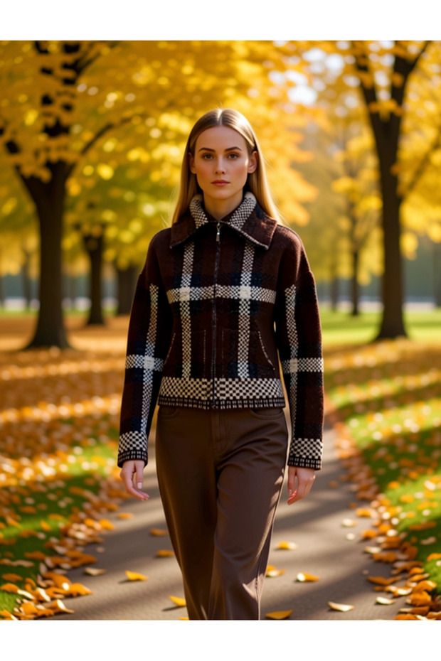 Women's Plaid Patterned Soft Textured Zippered Mock Neck Low Sleeve Thick Knitwear Cardigan Coat Looks Stylish