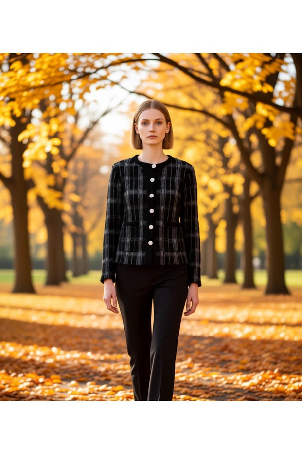Women's Plaid Pattern Soft Textured Crew Neck Long Sleeve Regular Fit Knitwear Cardigan Coat Look