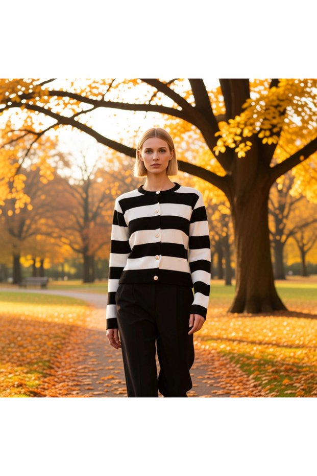 Women's Striped Crew Neck Buttoned Knit Cardigan Comfortable Regular Fit a Special Addition to Your Everyday Style