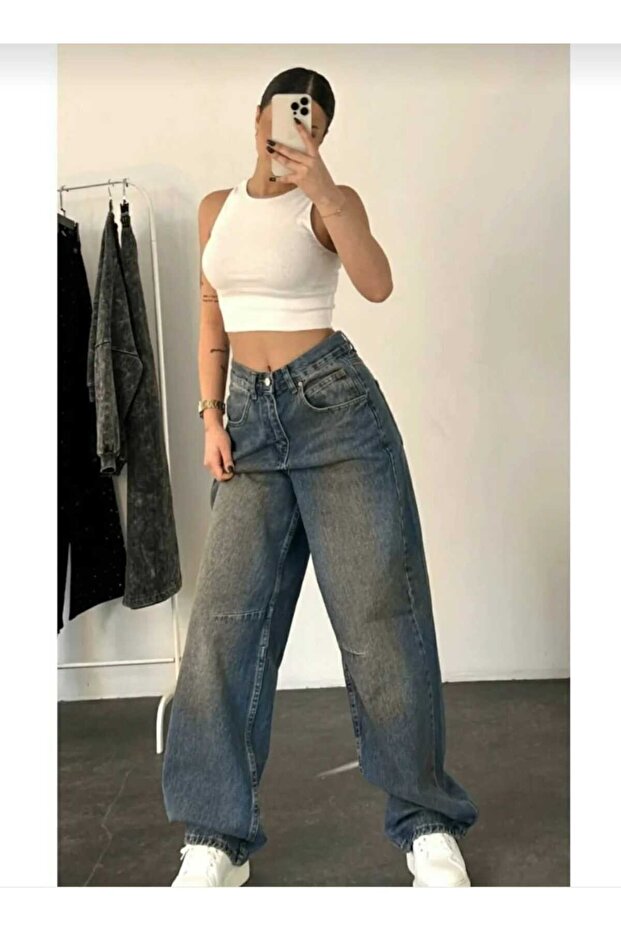 Blue Copper Tint High Waist Buckle Detailed Wide Leg Loose Baggy Jean Trousers