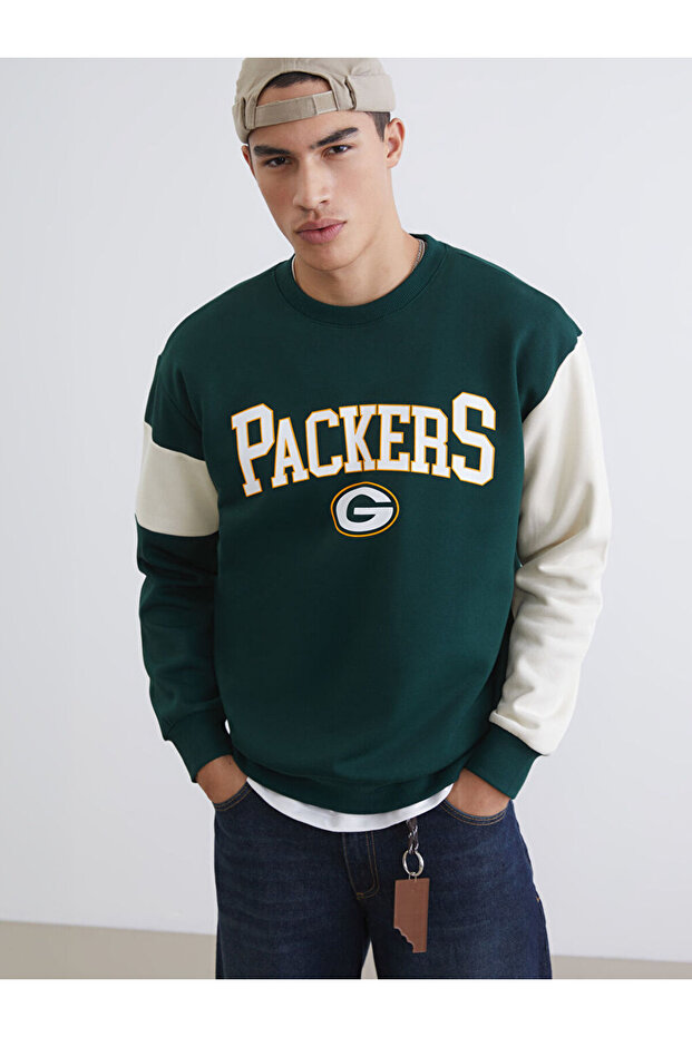 Green Crew Neck Nfl Printed Men's Thick Sweatshirt