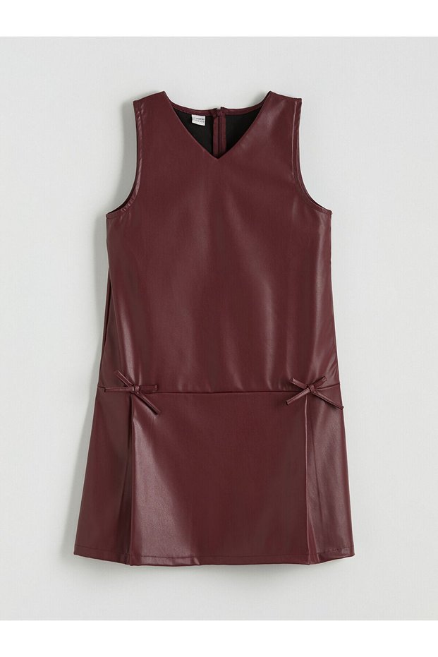 Alita City Lcw Kids Burgundy Bow Detailed Leather Look Girls' Dress