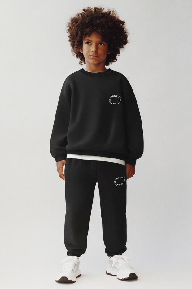 Boy's Cotton Black Minimal Printed Tracksuit Set – Relaxed Fit