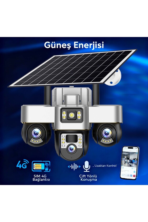 Dobest Güneş Enerjili 9MP 3 Lensli PTZ 360° Tam Görüş HD SIM Kartlı Gece Görüş Güvenlik Kamerası