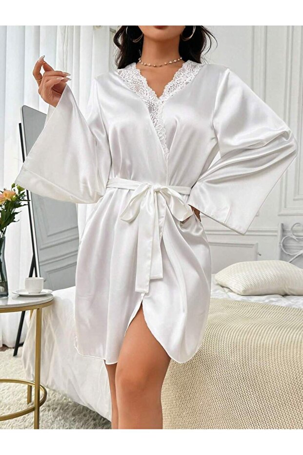 Women's satin short robe with ruffled sleeves and lace-detailed collar, simple and elegant