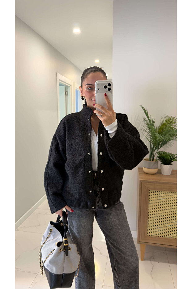 Leyora Siyah Düğmeli Kaşe Ceket - 2